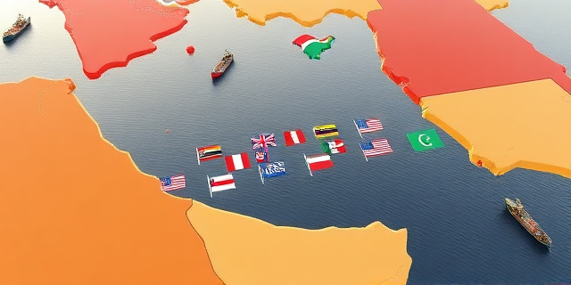 Un mapa del estrecho de Ormuz con banderas de los países participantes en la alianza, con un fondo de barcos y petroleros