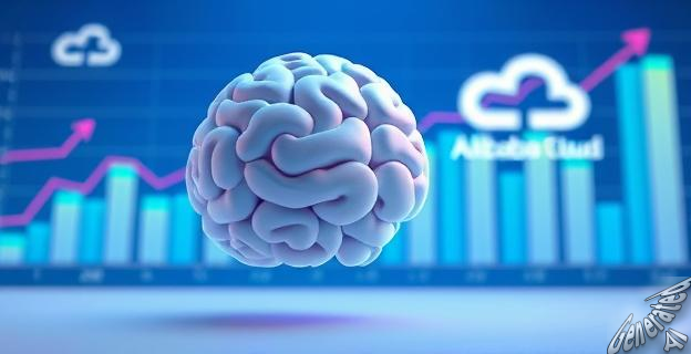 Ilustración de una inteligencia artificial con un gráfico de eficiencia energética en el fondo, con el logotipo de Alibaba Cloud prominente.