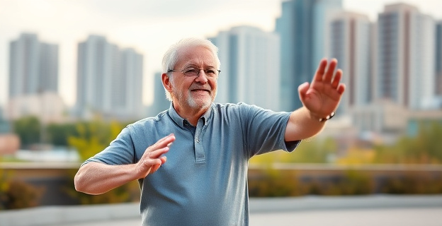 Imagen de una persona mayor realizando ejercicio al aire libre, con un fondo de paisaje urbano vibrante, simbolizando vitalidad y bienestar.