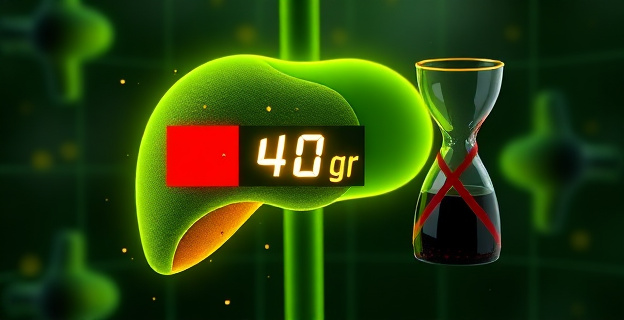 Una representación abstracta de un hígado humano con tonalidades verdes y amarillas, rodeado de pequeñas partículas luminosas y moléculas estilizadas que simulan un proceso químico. Un contador digital muestra una cifra de 4 gramos, con una advertencia roja superpuesta. Un reloj de arena invertido simboliza el tiempo de exposición y un vaso de líquido oscuro, representando alcohol, se encuentra tachado.