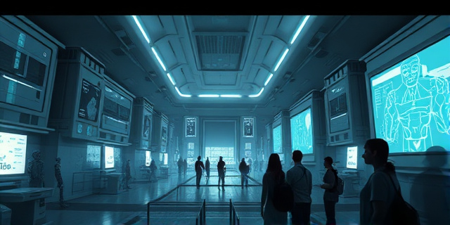 Una imagen conceptual que represente un campus universitario futurista, con robots y pantallas holográficas, pero con un tono melancólico y deteriorado. Los colores predominantes deben ser grises y azules apagados, con toques de neón roto. La composición debe evocar una sensación de desilusión y vacío, sugiriendo que la tecnología prometida no ha cumplido las expectativas. Sin rostros visibles, solo siluetas de estudiantes desanimados.