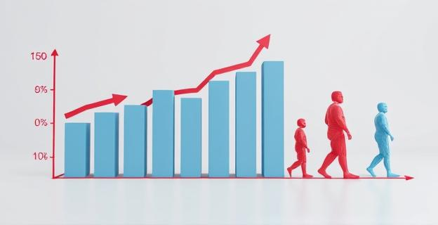 Representación visual de un gráfico de barras que muestra un aumento drástico en un porcentaje, pasando de un nivel bajo a uno mucho más alto, con flechas ascendentes y figuras abstractas que simbolizan la obesidad y el riesgo para la salud, sin elementos humanos. Los colores deben ser tonos de azul y rojo, con un fondo neutro y elementos que sugieran un entorno científico o médico.