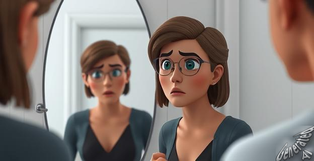 Una mujer mirando su reflejo en un espejo con una expresión de ansiedad mientras un hombre la observa de manera objetivizante en el fondo.