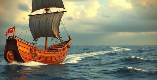 Imagen de una escena épica de un viaje por mar con un barco antiguo y tormentas en el fondo, representando la 