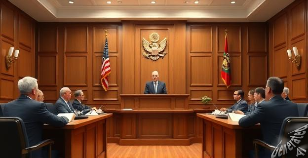 Imagen de un tribunal con jueces y abogados, con un fiscal general del Estado defendiendo su inocencia.