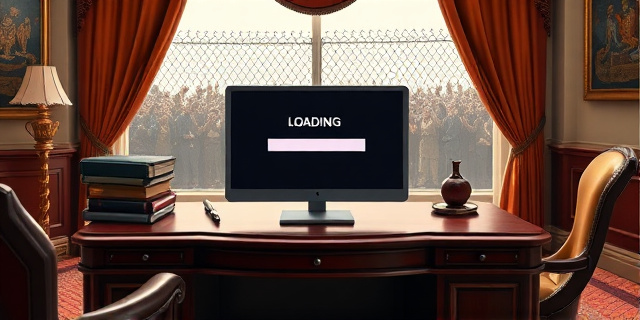Una ilustración satírica de un escritorio presidencial lujoso con una computadora moderna mostrando una pantalla de 