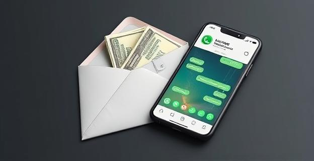 Un sobre con dinero en efectivo y un teléfono móvil con mensajes de WhatsApp