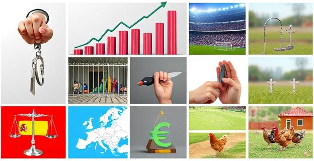 Una cuadrícula de viñetas que representan diversos acontecimientos: una mano con esposas sobre un fondo de juzgado, un gráfico financiero con flechas ascendentes y descendentes, un estadio de fútbol con luces brillantes y una multitud difuminada, una persona afilando un cuchillo de cocina, una familia visitando un cementerio con flores, un mapa de España con iconos de catástrofes naturales, una balanza de la justicia inclinada, un mapa de Europa con el símbolo del euro digital, y un paisaje rural con gallinas en una granja.