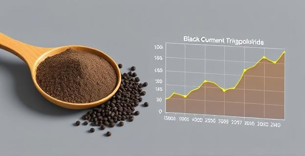Imagen de una cucharada de polvo de semillas de comino negro junto a un gráfico que muestra la reducción del colesterol y triglicéridos
