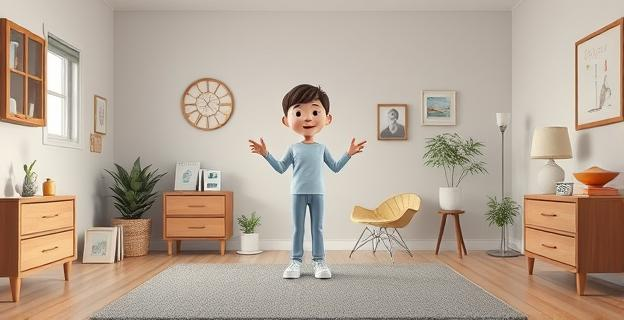 Una persona sola en una habitación con objetos diversos, hablando en voz alta mientras los señala y los nombra