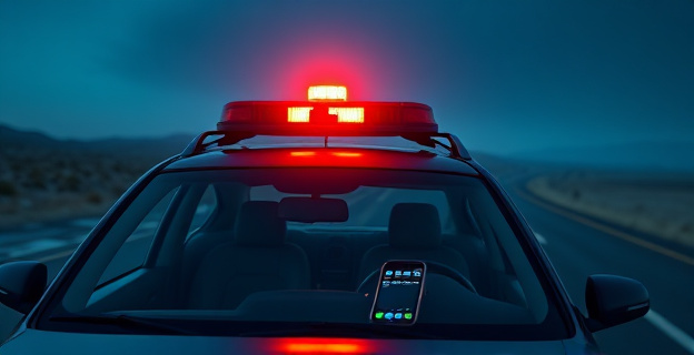 Una baliza de emergencia en el techo de un coche detenido en una carretera oscura y desierta, con un teléfono móvil en el asiento del conductor y un paisaje borroso alrededor.