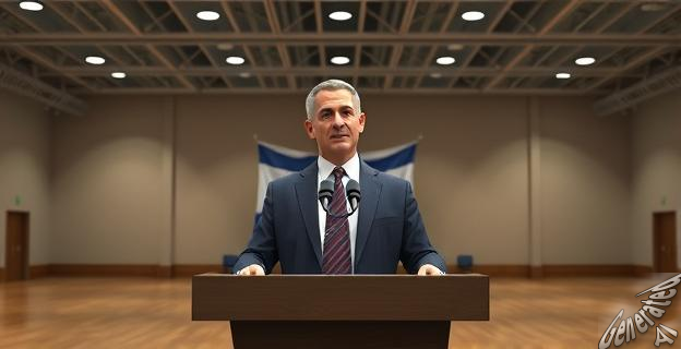 Un hombre de mediana edad con traje y corbata habla en un podio en una sala grande y vacía, con una bandera de Israel detrás de él.