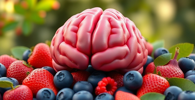 Una imagen conceptual que represente un cerebro saludable rodeado de arándanos frescos y otros frutos rojos, con un fondo que sugiera vitalidad y energía.