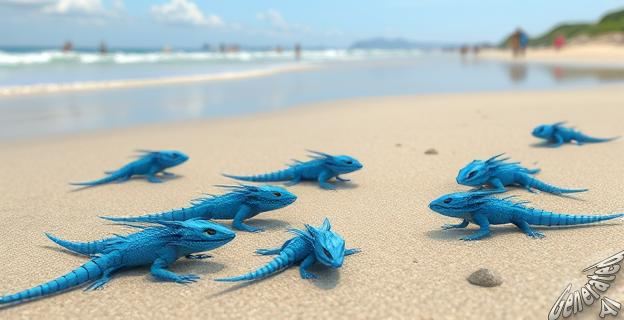 Una imagen de una playa con varios dragones azules (Glaucus atlanticus) en la orilla, con personas en la distancia. Los dragones azules son pequeños, de color azul brillante, con ceratas largas y delgadas.