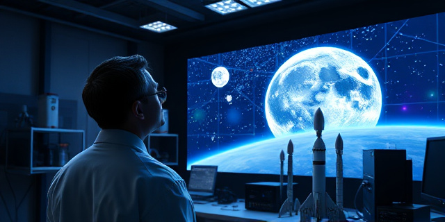 Un astrónomo en un laboratorio iluminado por luces LED, mirando un mapa estelar en una pantalla gigante, con una vista panorámica de la Tierra y la Luna en el fondo, rodeado de modelos de cohetes y dispositivos electrónicos.