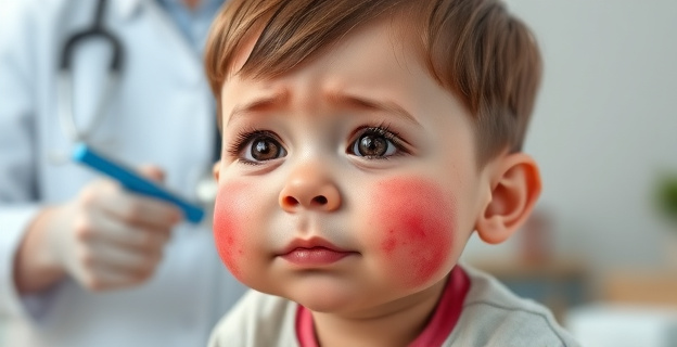 Una imagen de un niño con ronchas rojas en la piel, con una expresión de malestar y picor intenso, con un médico en el fondo administrando un tratamiento.