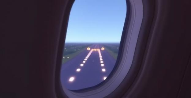 Imagen de una ventanilla de avión abierta mostrando el exterior durante el aterrizaje, con luces de la pista visibles a través de ella