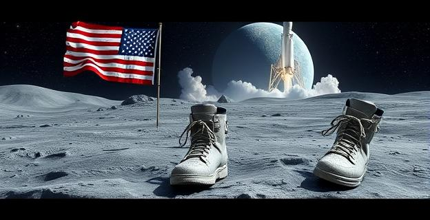Imagen de la Luna con una bandera estadounidense y huellas de botas en la superficie lunar, con un cohete despegando al fondo