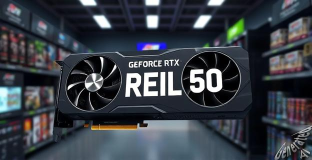 Ilustración de una gráfica GeForce RTX50 con un precio reducido en una tienda de electrónica