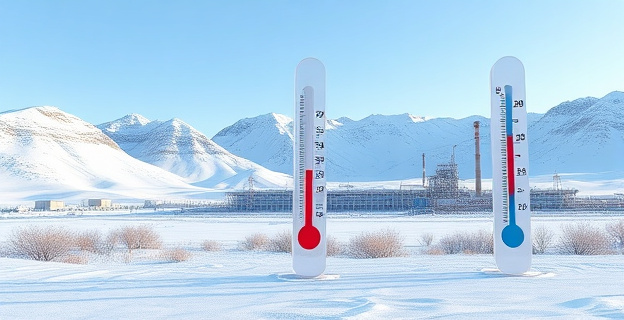 Imagen de un paisaje invernal español con montañas nevadas y termómetro mostrando temperaturas bajo cero, con una central de gas al fondo.