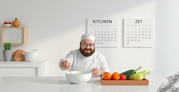 Un chef en una cocina minimalista con una taza de sopa ligera y una bandeja de verduras crudas, con un calendario en la pared mostrando 21 días marcados