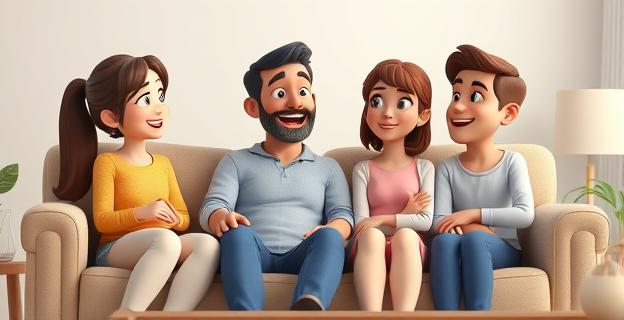 Una familia sentada en un sofá, con expresiones de escucha atenta y diálogo abierto, en un ambiente cálido y acogedor