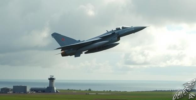 Imagen de un caza Eurofighter despegando de una base aérea en Lituania, con un fondo de cielo nublado y el mar báltico al fondo.