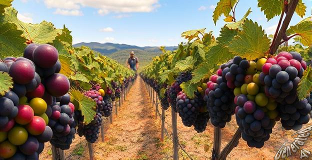 Viñedos afectados por sequía con uvas maduras y agricultores preocupados al fondo