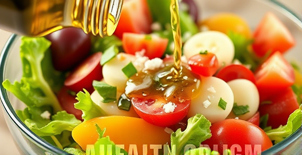 una ensalada fresca y vibrante con diferentes ingredientes, vinagre, sal y aceite de oliva siendo vertidos en un tazón