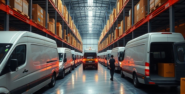 Una escena de un almacén logístico donde se ven furgonetas de reparto y trabajadores manipulando paquetes, con una atmósfera de sospecha y vigilancia.