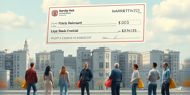 Una ilustración satírica y conceptual. Un enorme cheque bancario gigante que flota sobre una ciudad pequeña y gris. El cheque tiene sellos oficiales y palabras como 