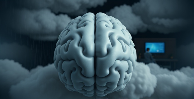 Una representación artística de un cerebro humano rodeado de nubes grises y gotas de lluvia. En un lado, una figura borrosa caminando sola bajo la lluvia, mientras que en el otro lado se ve una persona sentada en una habitación oscura frente a una pantalla. Al fondo, un reloj simbolizando los ritmos circadianos. Colores apagados y fríos, con toques de azul para representar la melancolía.