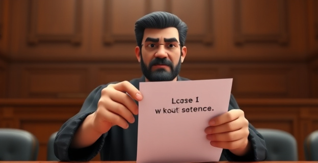 Una juez firme sosteniendo un papel con una sentencia que muestra un gesto de autoridad en un juzgado, con un fondo que sugiere la seriedad del caso. No aparecen caras de personas reales.