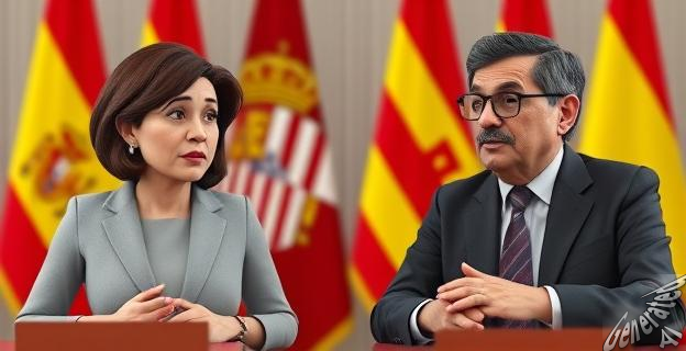 Imagen de Isabel Díaz Ayuso y Salvador Illa en un debate o discusión política con banderas de la Comunidad de Madrid y Cataluña al fondo.