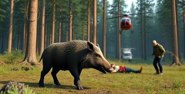 Paisaje forestal con un jabalí en primer plano y un senderista herido en el suelo, con un helicóptero medicalizado al fondo