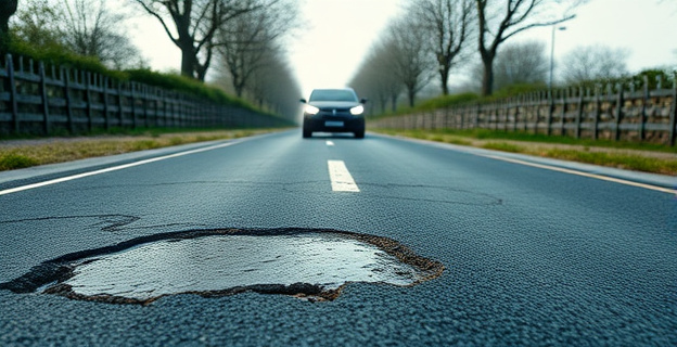 Una carretera española en mal estado, con baches y grietas, donde un coche autónomo circula con dificultad, sus sensores y cámaras intentando interpretar el entorno deteriorado