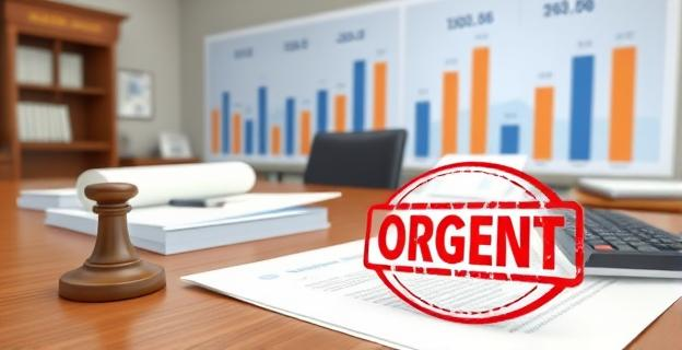 Imagen de un despacho gubernamental con documentos y contratos sobre una mesa, con un sello de 