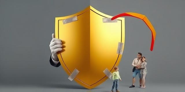 Una ilustración conceptual y satírica. Un escudo dorado gigante y brillante que, al mirarlo de cerca, está hecho de papel moneda pegado con cinta adhesiva. Detrás del escudo, una mano burocrática sostiene un bumerán que regresa hacia una familia humilde. Estilo editorial de revista económica, colores contrastados, fondo gris minimalista.