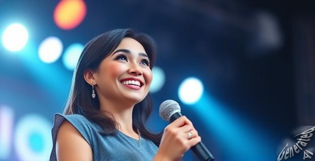 Una mujer sonriente en un escenario con un micrófono en la mano, con un fondo de luces brillantes.