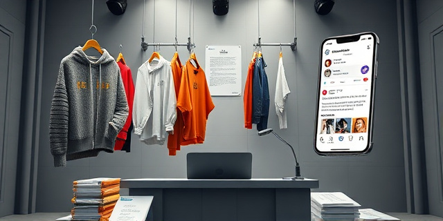 Una ilustración satírica de estilo editorial. Un podio gubernamental gris y aburrido que se transforma en una pasarela de moda urbana. Ropa de streetwear moderna colgada de ganchos dorados sobre documentos oficiales y leyes. De fondo, un smartphone gigante mostrando un feed de redes sociales con corazones y likes, contrastando el lujo de la moda con la frialdad de la burocracia estatal. Colores vibrantes para la ropa y tonos cenizos para el entorno político.