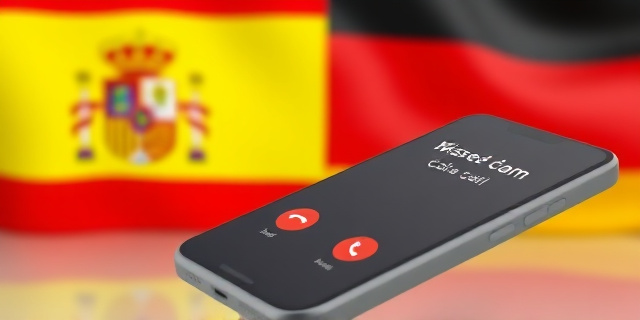 Una imagen de un teléfono con una llamada perdida, con un fondo de una bandera española y una bandera alemana