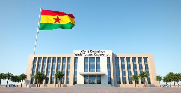 Edificio de la Organización Mundial del Turismo en Madrid con bandera de Ghana