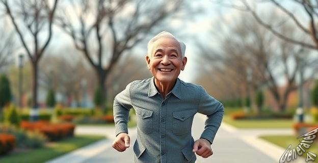 Un hombre de 100 años sonriendo y corriendo en un parque futurista con tecnología de IA y biología sintética de fondo.