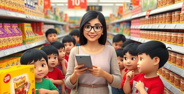 Una madre rodeada de numerosos hijos en un supermercado lleno de productos con etiquetas de descuento, con una expresión de satisfacción al comparar precios en su teléfono móvil