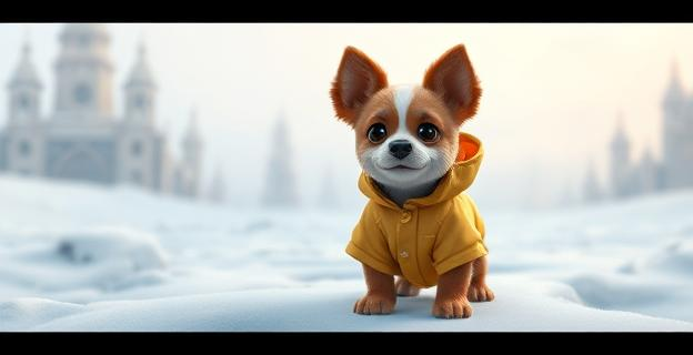 Imagen de un perro pequeño con abrigo impermeable en un paisaje invernal con nieve y viento