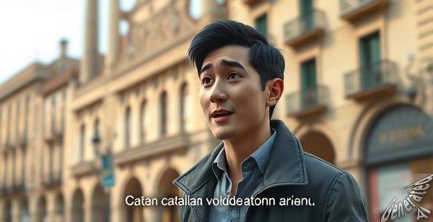 Una persona hablando en catalán en una calle de Barcelona, con un fondo de edificios históricos.