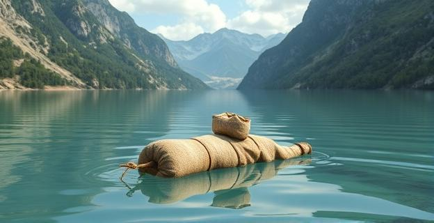 Imagen de un lago rodeado de montañas con un río desembocando en él. Un saco de cal viva y una bolsa están atados a un cuerpo sumergido en el agua.