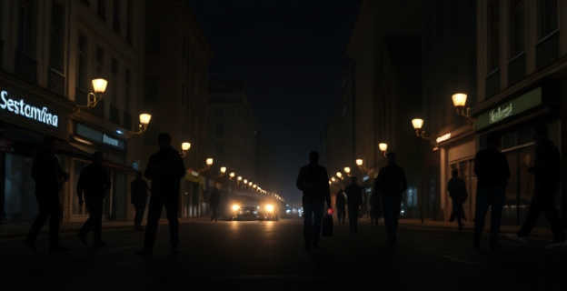 Una imagen que representa la inseguridad ciudadana en España, con un fondo oscuro y figuras sombrías en un paisaje urbano nocturno.