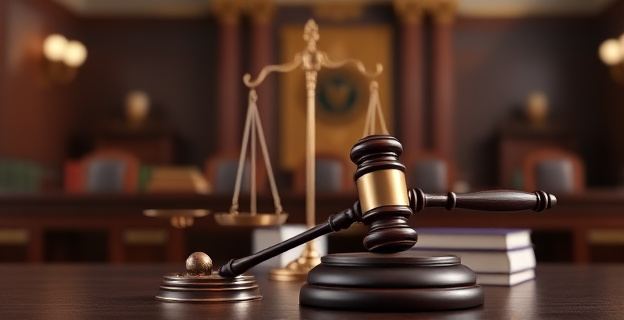 Una balanza de la justicia con un martillo sobre un escritorio judicial, rodeada de libros de leyes y con un fondo difuminado de una sala de tribunal.