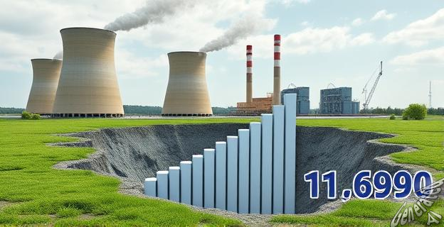 Una imagen de una central nuclear con un gran agujero financiero representado en forma de un gráfico de barras en el fondo, simbolizando los 11.690 millones de euros que faltan para financiar el desmantelamiento y la gestión de residuos.